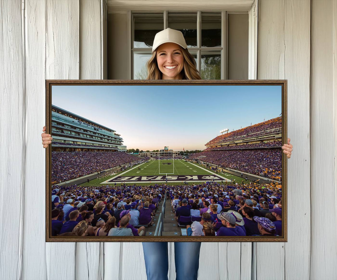 Sunset view of fans in purple at Bill Snyder Family Stadium, captured in a stunning gallery wall art canvas, perfect for a modern living room or office.