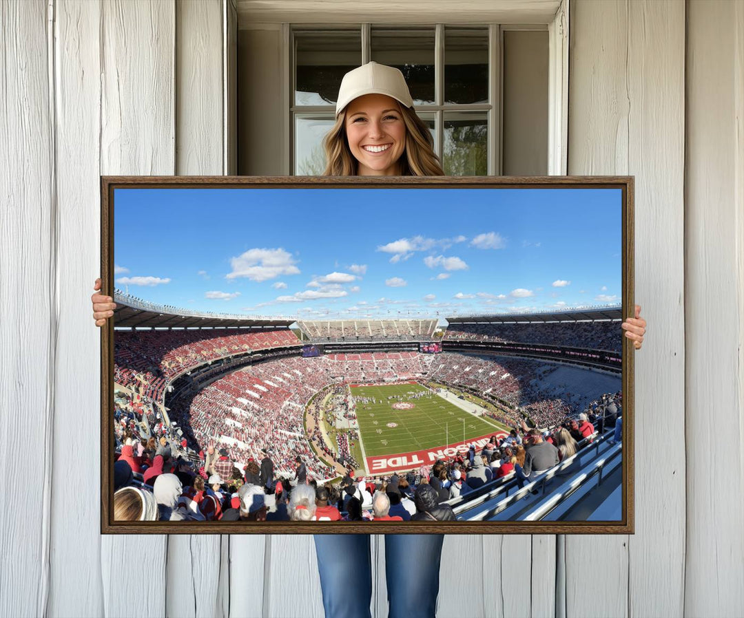 Canvas print of Alabama Crimson Tides Bryant-Denny Stadium, showcasing a sunlit field under a blue sky.