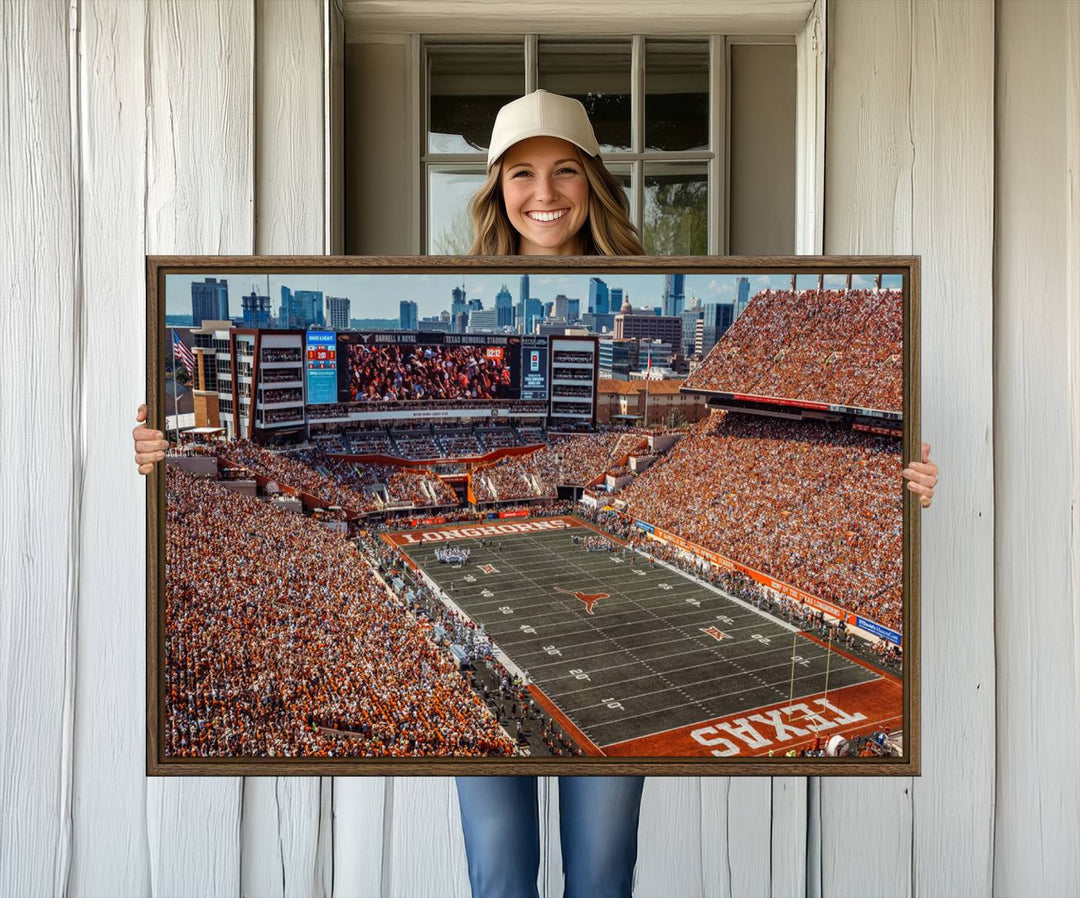 A premium canvas wall art featuring the University of Texas Longhorns stadium, showcasing a vibrant sea of orange.