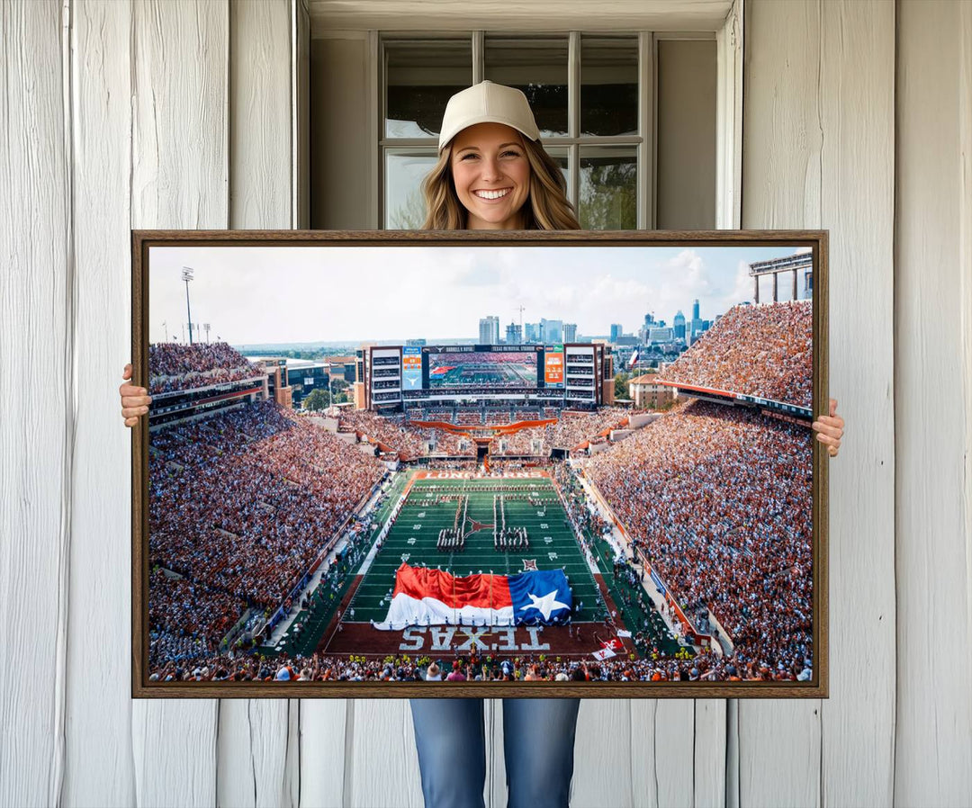 University of Texas Longhorns canvas: A premium print depicting Darrell K Royal-Texas Memorial Stadium with the city skyline and Texas flag.