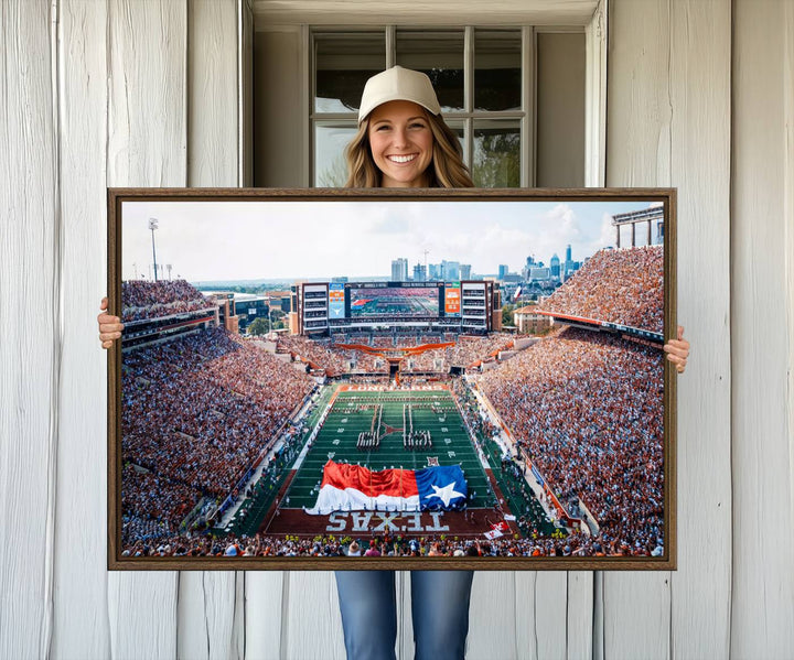 University of Texas Longhorns canvas: A premium print depicting Darrell K Royal-Texas Memorial Stadium with the city skyline and Texas flag.