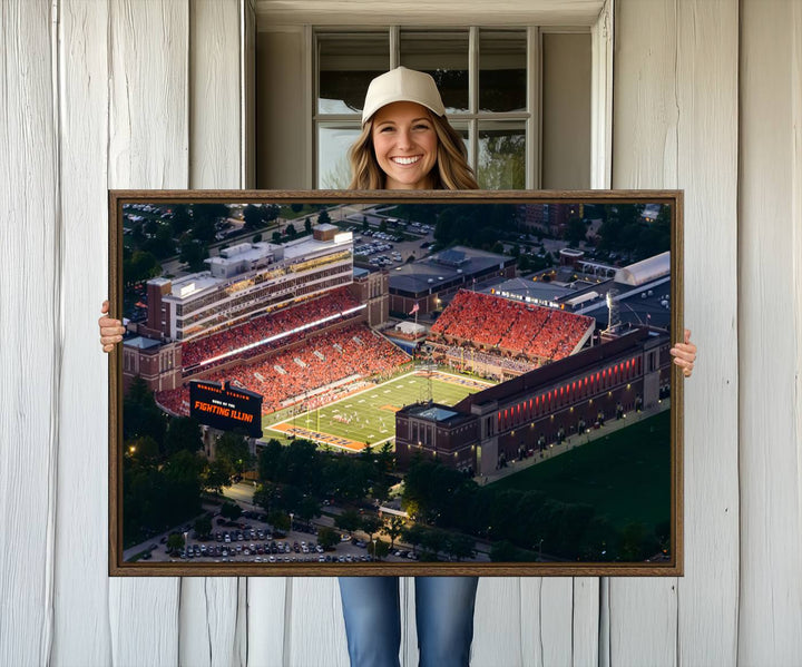 Aerial view of the University of Illinois Memorial Stadium on premium canvas, capturing buildings and greenery at dusk.