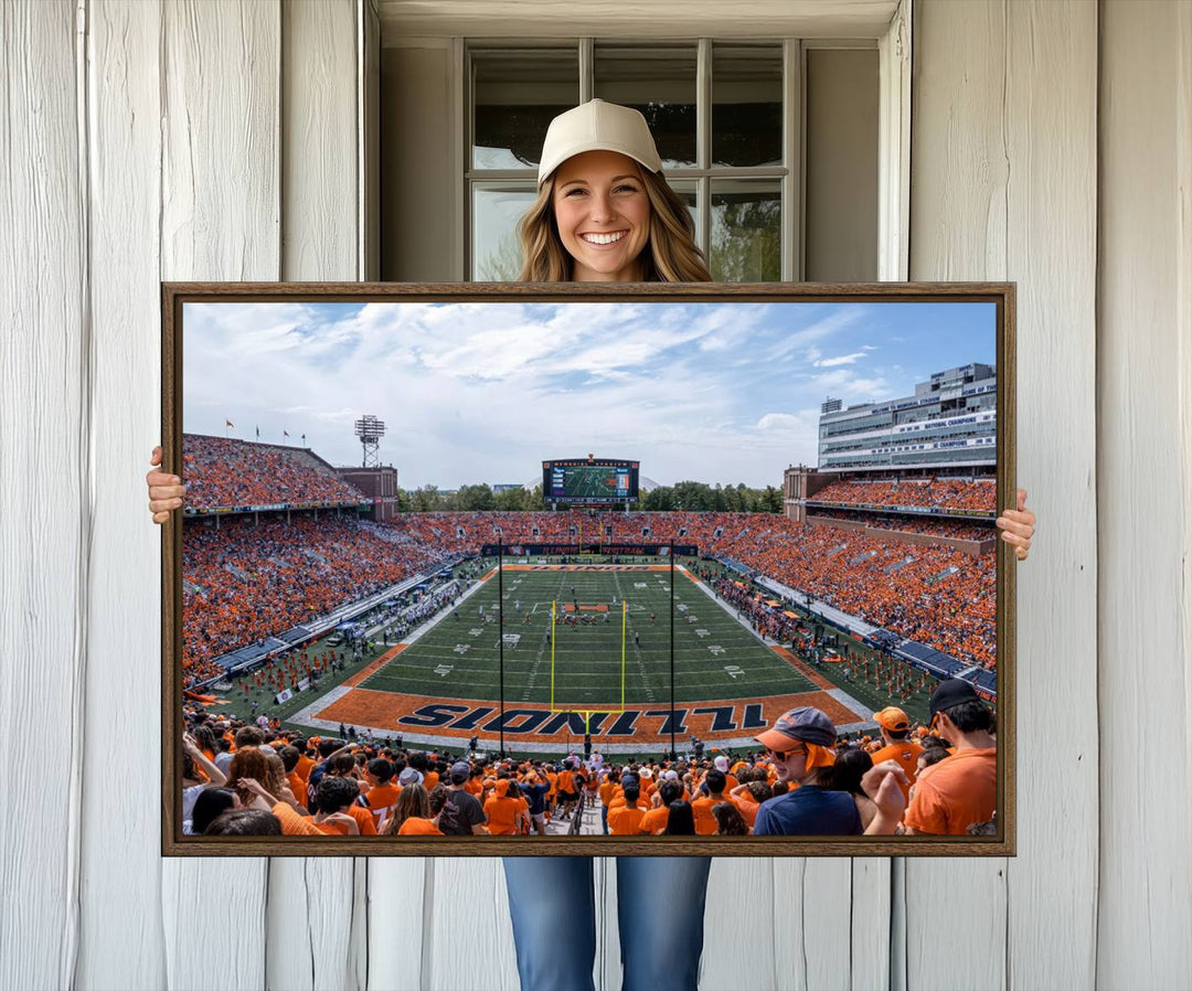 The Illinois stadium packed with orange-clad fans makes for a premium University of Illinois canvas wall art.