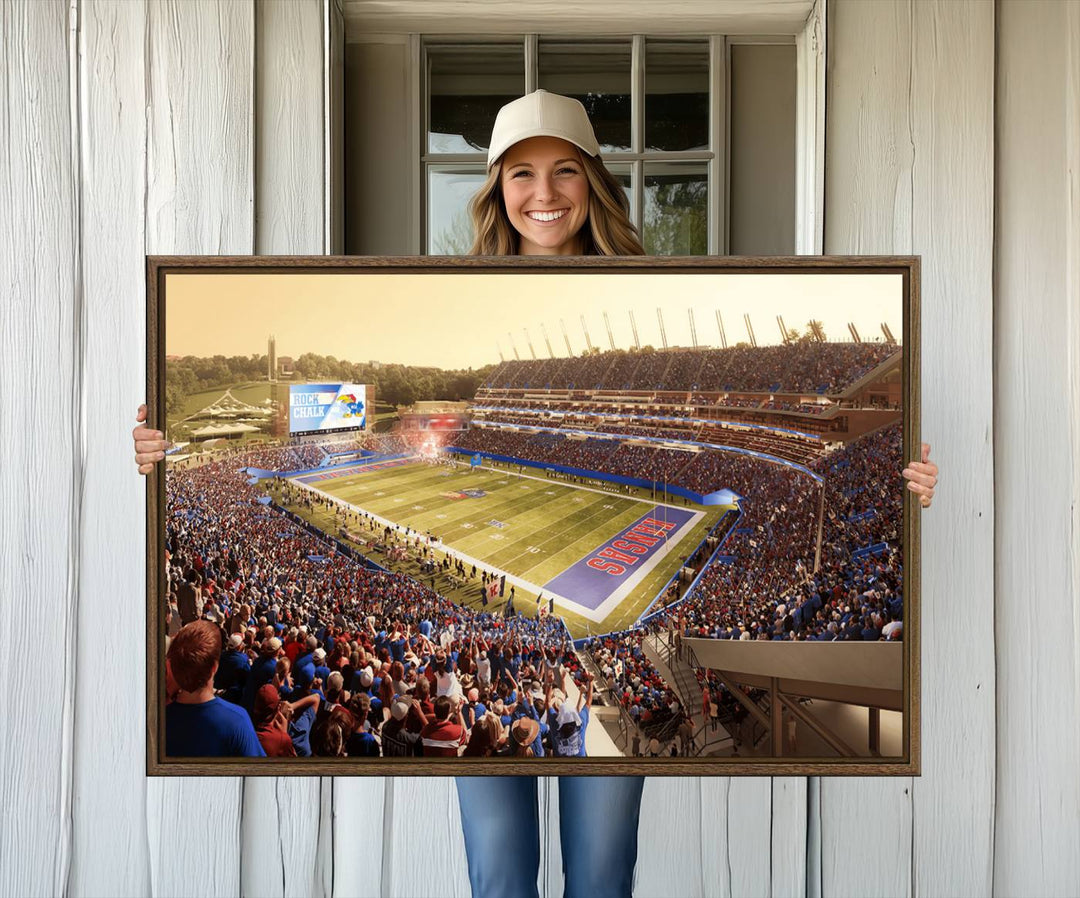 A premium University of Kansas Jayhawks Football Team canvas print captures the essence of a sunset football game, filling the stadium with vibrant energy.