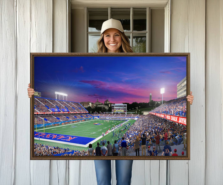 A canvas art piece depicting the Kansas Jayhawks stadium at twilight, vibrant in a modern setting.