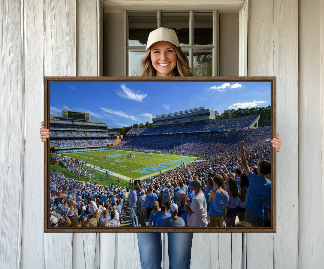 A University of North Carolina Tar Heels football stadium print on canvas.