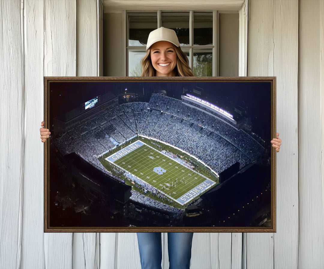 Aerial view of UNC Tar Heels night game at Kenan Memorial Stadium, perfect wall art canvas for fans.