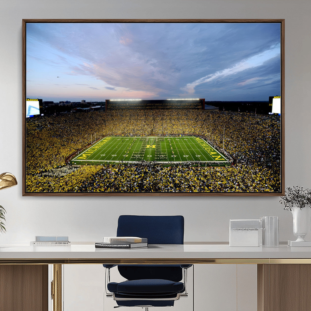 82641-MGV-FC-36X24 - Michigan Stadium Wall Art Canvas Print, Vibrant Game Day Crowd and Sunset Sky Football Field Artwork for Home, Office