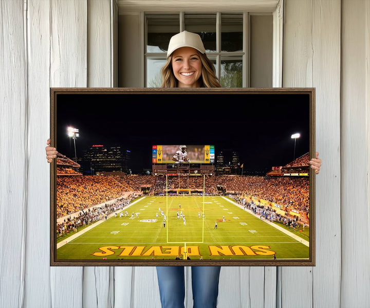 ASU Sun Devils Football Team Print - Wall Art Canvas featuring the Sun Devils end zone at Phoenix Mountain America Stadium.