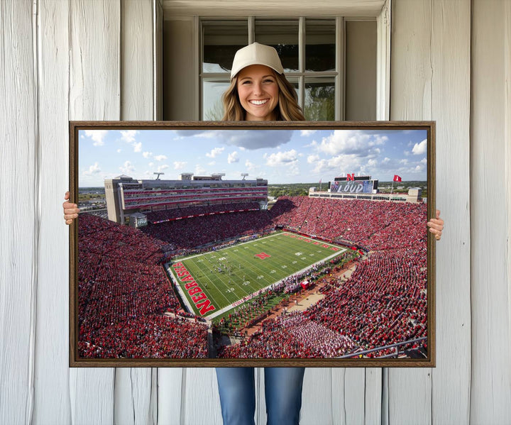 Wall art canvas print depicting a wide-angle view of Lincoln Memorial Stadium during a University of Nebraska game.