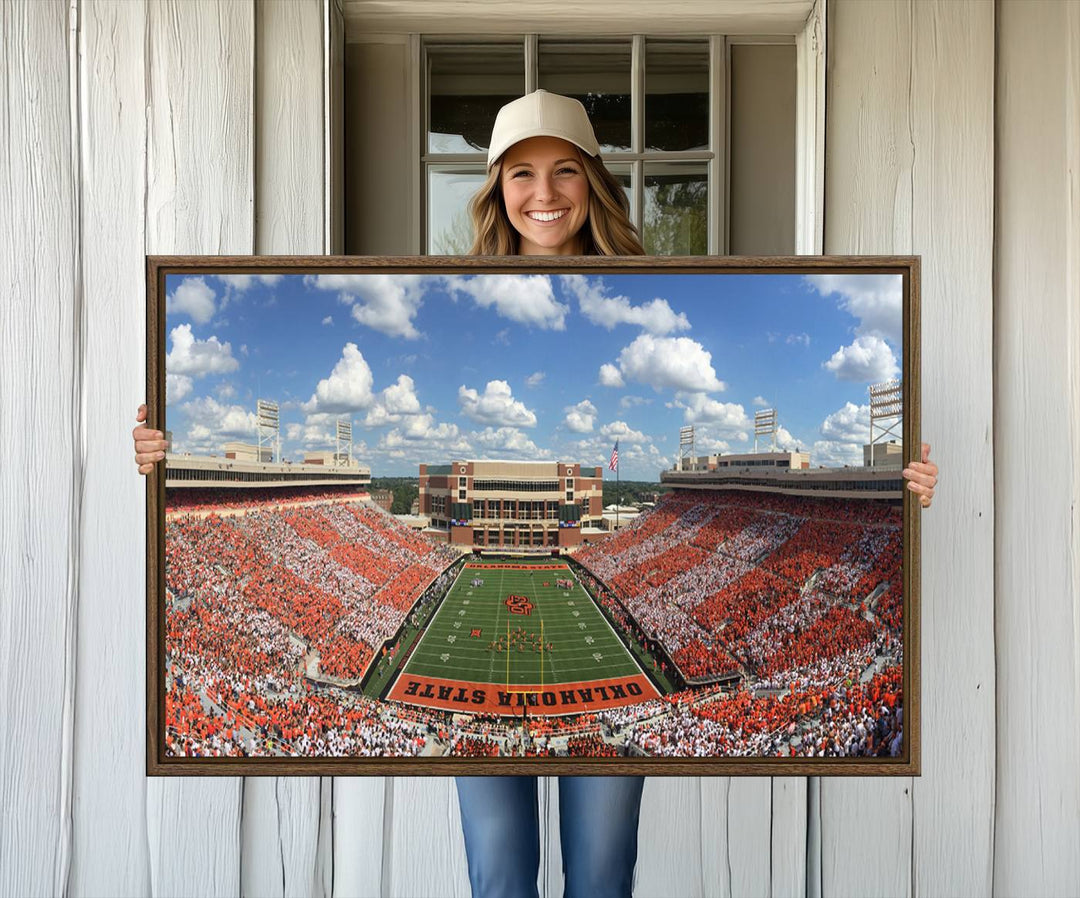 Boone Pickens Stadium was adorned with vibrant murals of Cowboys under a bright blue, cloud-speckled sky.