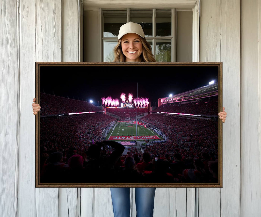 Premium canvas wall art featuring Ohio State University Buckeyes football stadium and fireworks.