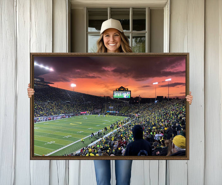 This stunning wall art print captures a vibrant sunset at Eugene Autzen Stadium.