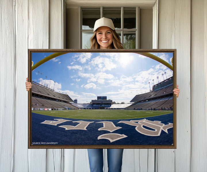 Fish-eye view of an empty stadium, ideal wall art on premium canvas: Rice University Owls Football Team Print.