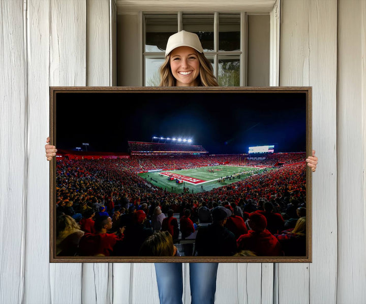 A premium canvas wall art print depicting Rutgers Scarlet Knights SHI Stadium filled with fans under vibrant lights.