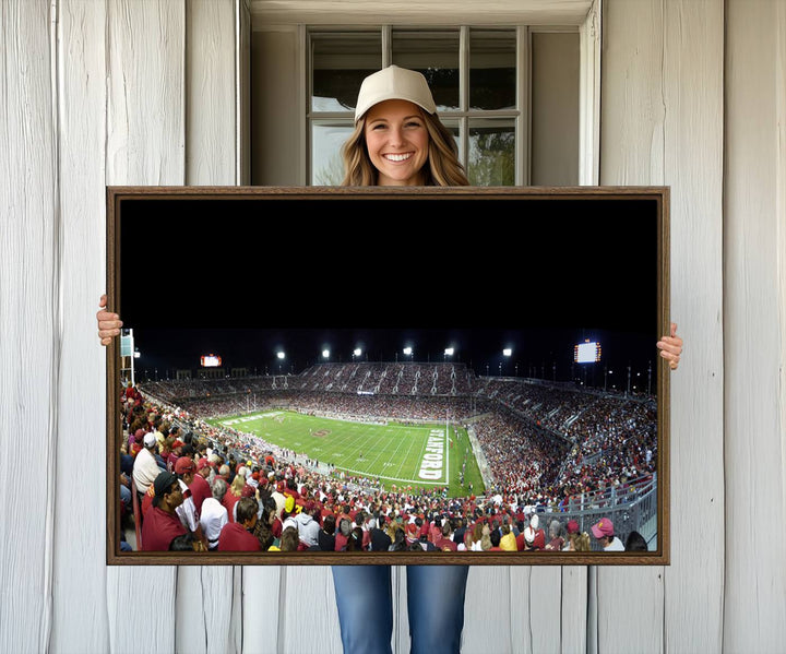 This Stanford University Cardinal Football Team canvas print, depicting fans in red filling Stanford Stadium at night, is perfect.