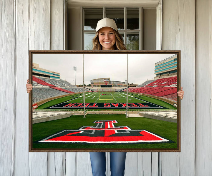 Gallery-quality print of Lubbock Jones AT&T Stadium featuring the Texas Tech Red Raiders field, highlighted by red and gray bleachers.