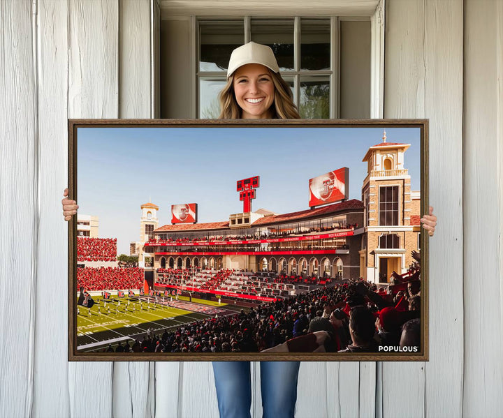 The three-panel Jones AT&T Stadium wall art is ideal for enhancing the living room decor of college football fans.