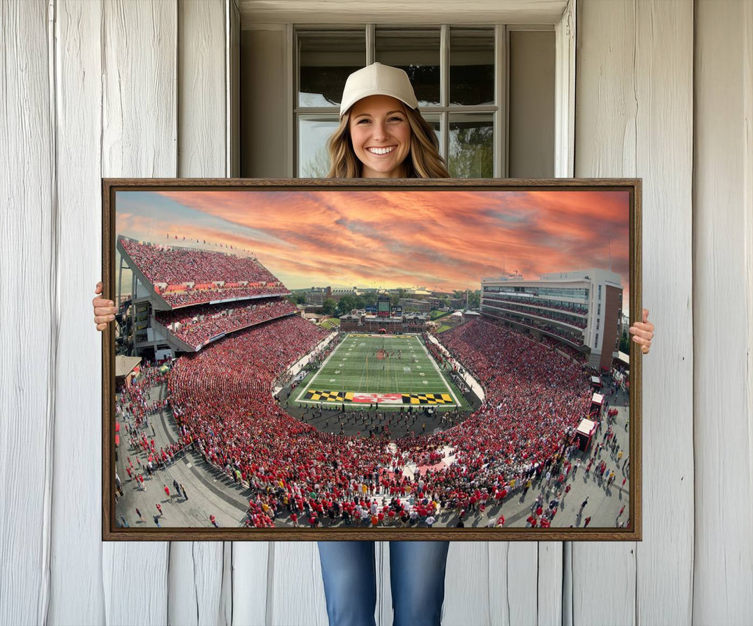 A packed SECU Stadium at sunset, ideal for your University of Maryland Terrapins Football Team wall art canvas print.