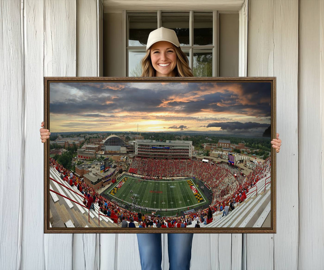 The University of Maryland Terrapins Football Team Print features SECU Stadium at sunset with vibrant skies.