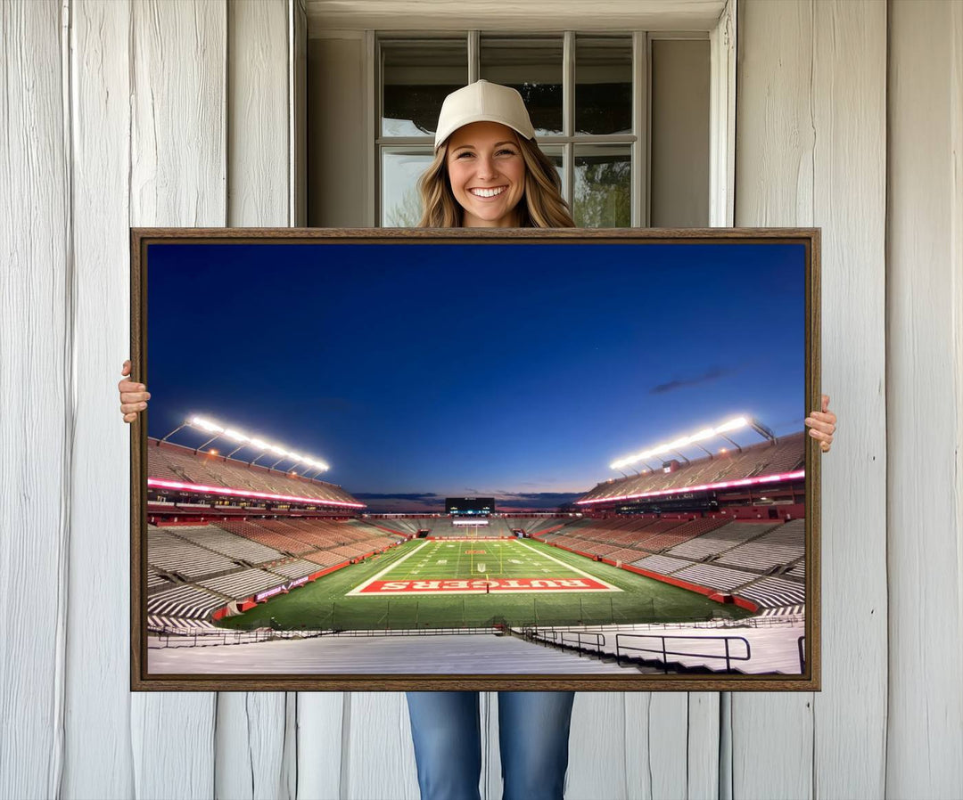 A large SHI Stadium at dusk, ideal for a Rutgers Scarlet Knights Football Team canvas print.