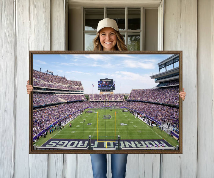 The TCU Horned Frogs print portrays a vibrant Amon G. Carter Stadium, filled with energy and game action.