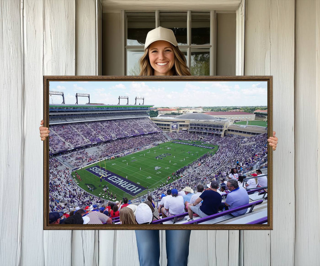 Amon G. Carter Stadium wall art canvas showcasing the TCU Horned Frogs and packed stands at Fort Worth.