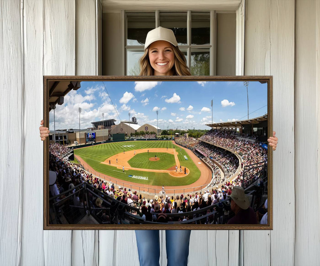 A baseball stadium under a blue sky, capturing the energy of The Texas A&M Aggies Athletics Kyle Field Wall Art.