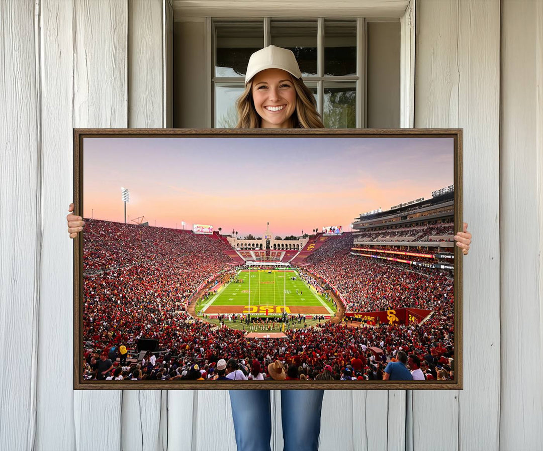 A USC Trojans wall art canvas print highlights the scene, depicting the Coliseum Stadium at sunset.