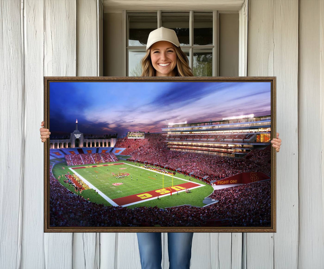 A vibrant painting of fans cheering for The University of Southern California USC Trojans under bright stadium lights.