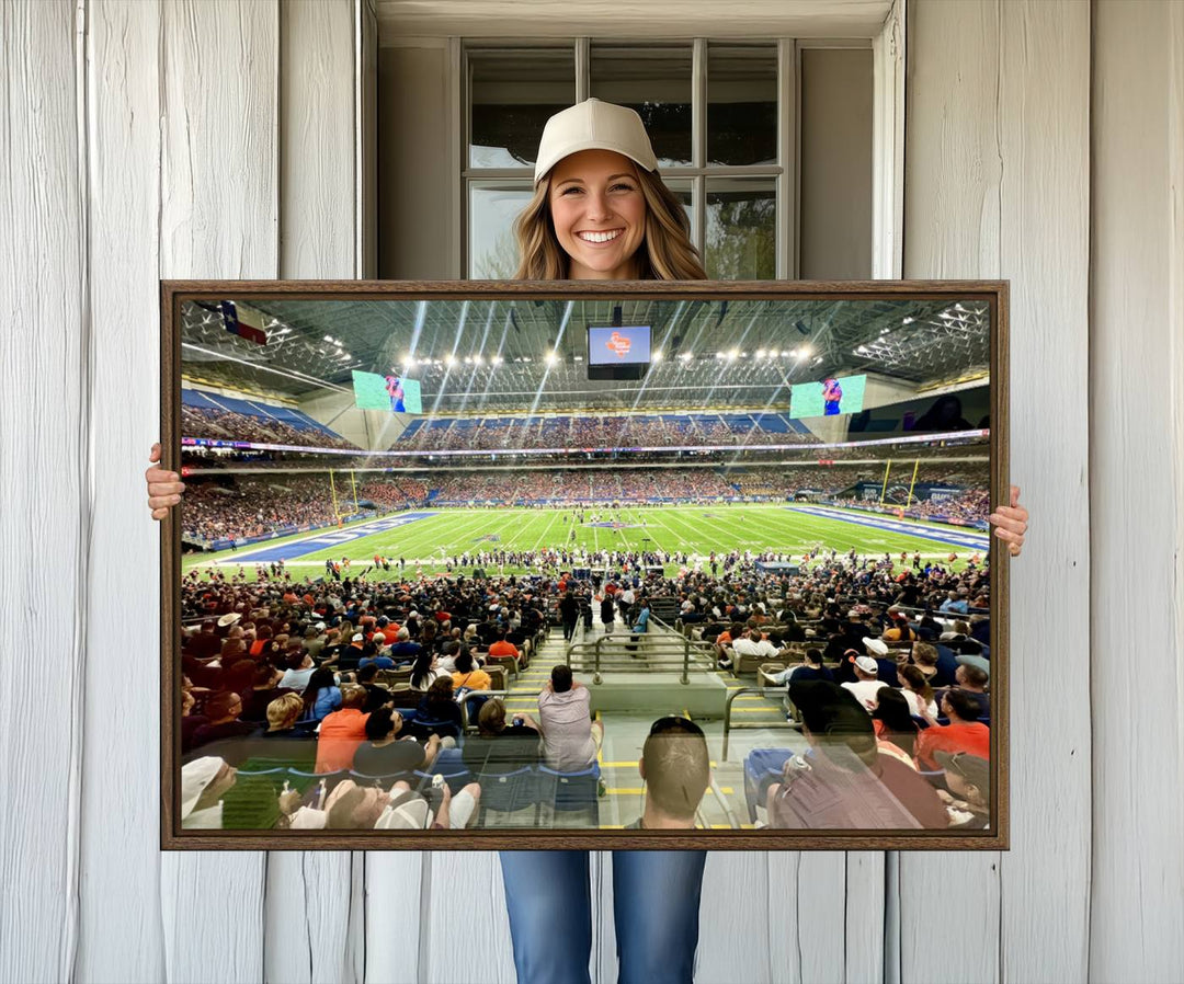 The UTSA Roadrunners Alamodome canvas print hangs in the living room.