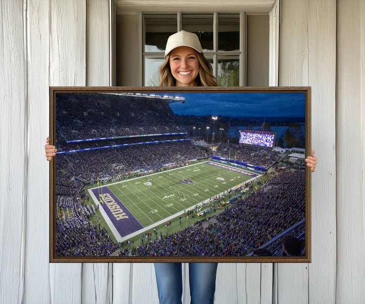 The University of Washington Huskies Football Team Print: Seattle Husky Stadium Wall Art Canvas captures a dusk stadium view.