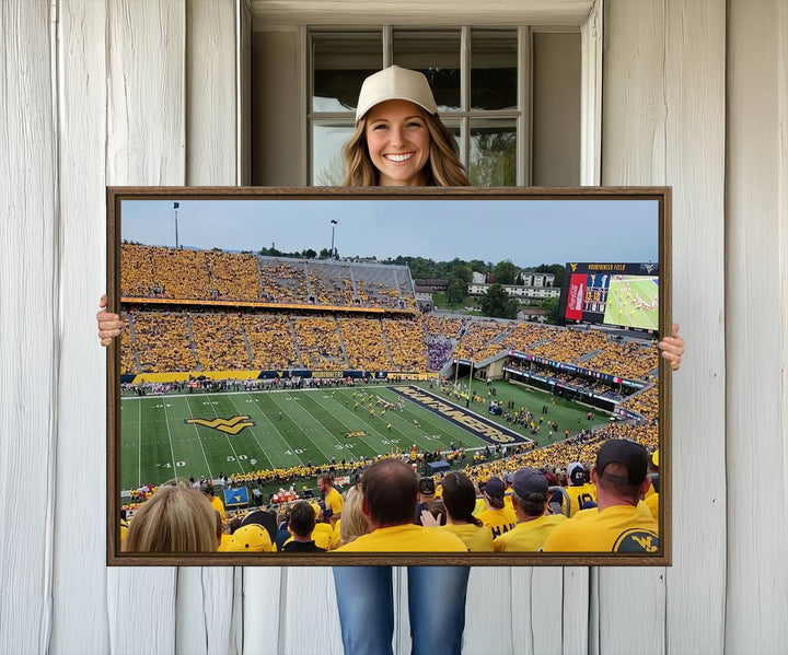 A Puskar Stadium canvas print decorates the modern living room shelf.