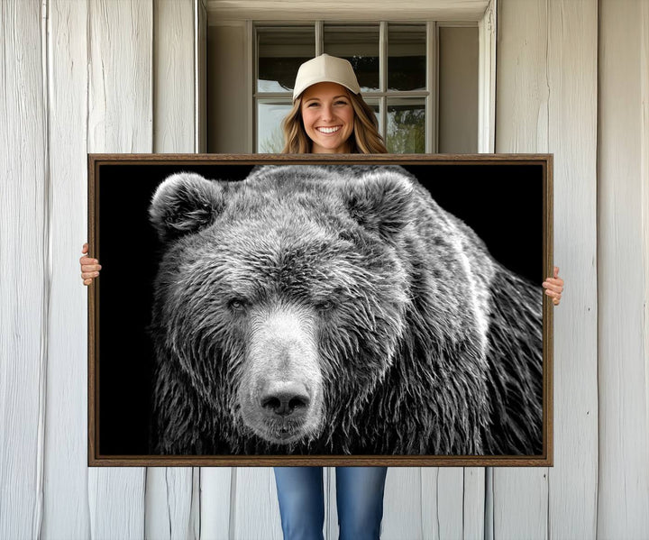 The 399 Grizzly Bear Canvas Print is displayed prominently on a wall in a modern living room.