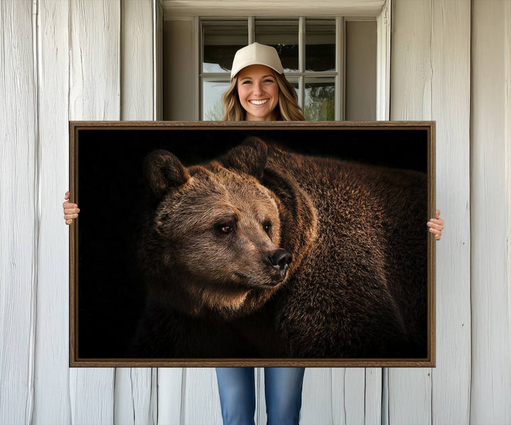The Wild Grizzly 399 Bear Canvas Wall Art Print enhances modern living rooms with its neutral color palette.