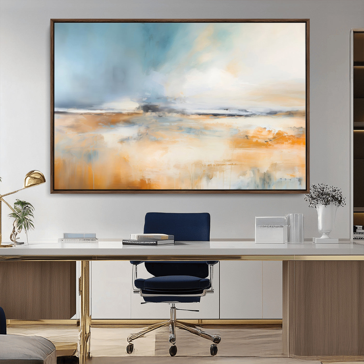 -Abstract Landscape Wall Art Canvas Print - Warm Tones of Orange and Blue, Modern Framed Art for Home