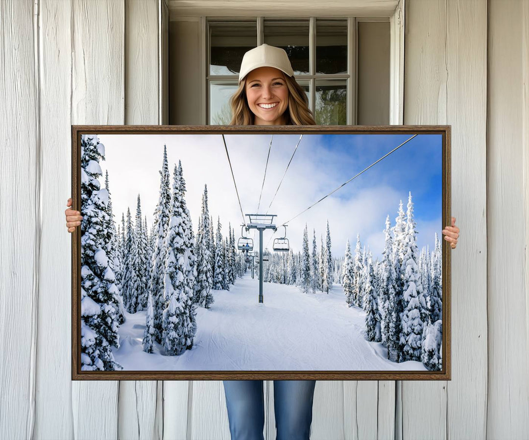 Winter Ski Lift Wall Art Print: Snowy Mountain Adventure, ideal for cabin or farmhouse decor under a clear blue sky.