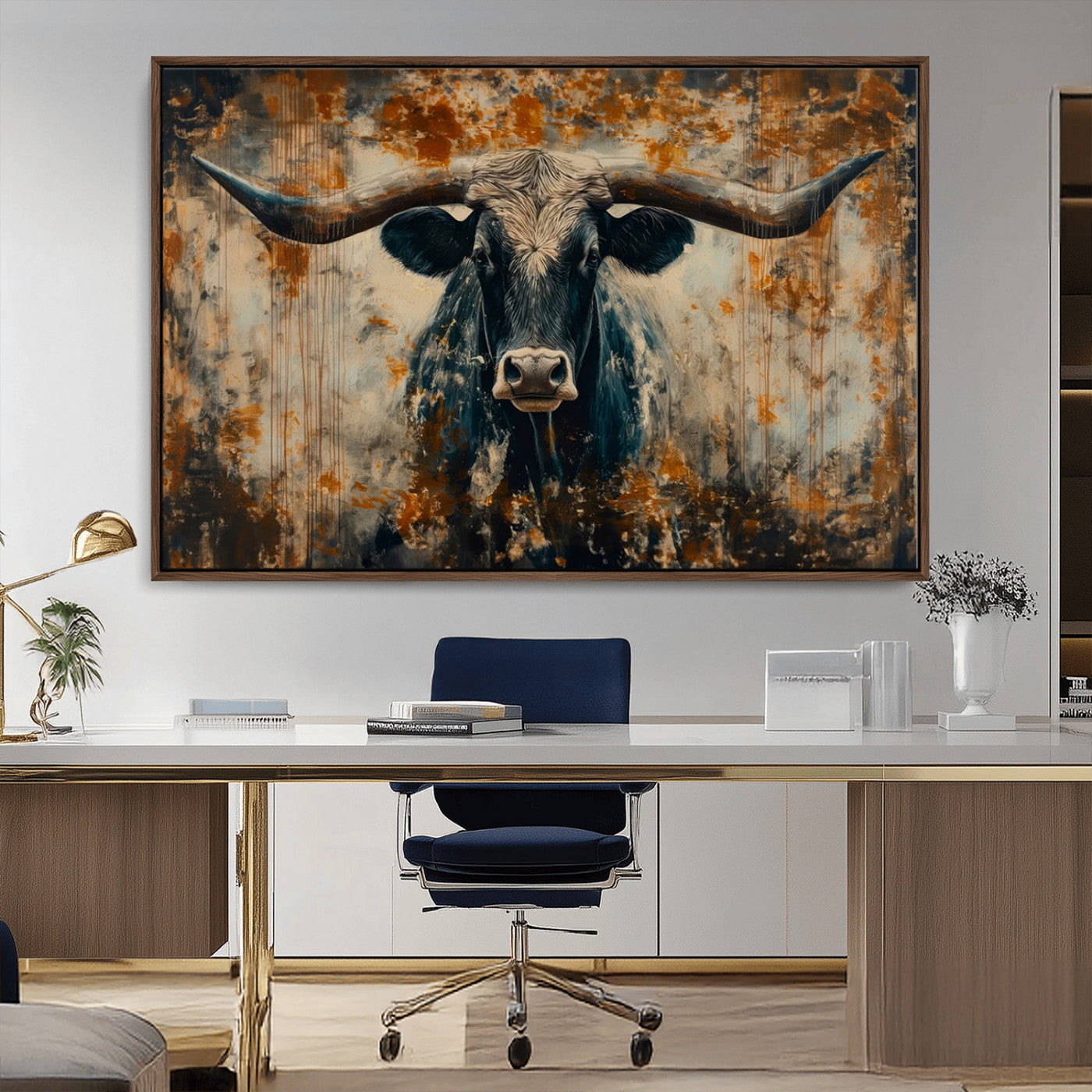 MGV-FC-36X24 - Abstract Longhorn Bull Wall Art | Rustic Western Wall Decor | Framed and Ready to Hang | Ideal for