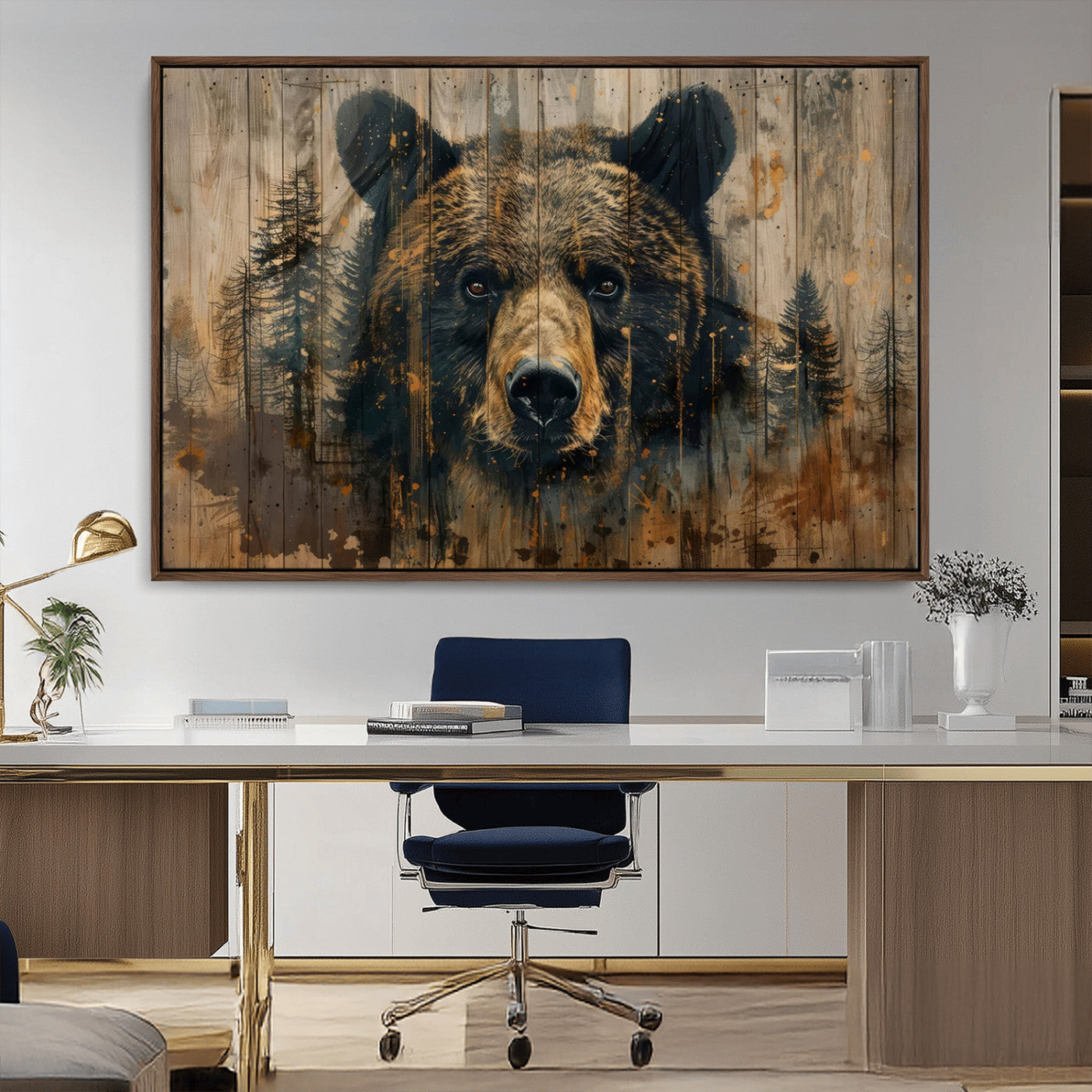 MGV-FC-36X24 - Abstract 399 Bear Wall Art | Rustic Cabin Wall Decor with Forest Design | Framed and Ready to Hang |