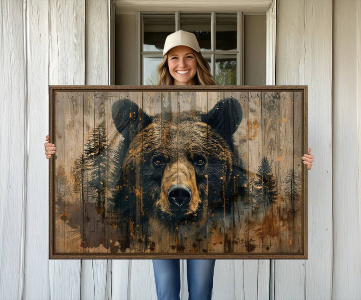 Abstract 399 Bear Wall Art showcases a bears face intertwined with forest trees, ideal for enhancing rustic lodge, cabin, or barn decor.