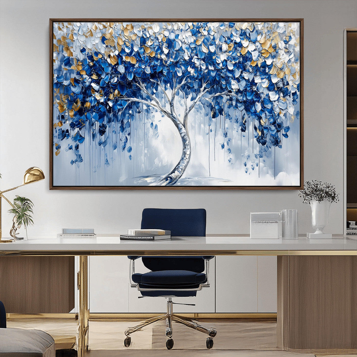 MGV-FC-36X24 - Blue and Gold Abstract Tree Wall Art Canvas Print | Modern Tree of Life Painting | Framed Canvas