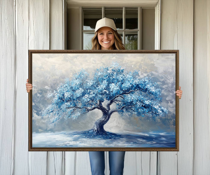 Abstract Blue Tree Art Print featuring textured blues and grays, perfect for farmhouse decor.