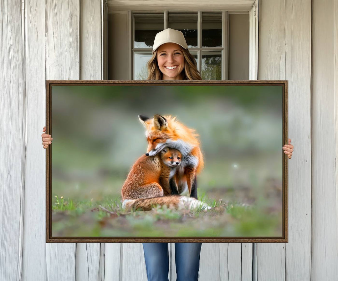 Heartwarming Fox and Baby Cub Wall Art - ready to hang, ideal for animal lovers, rustic decor, and cabin wall art.