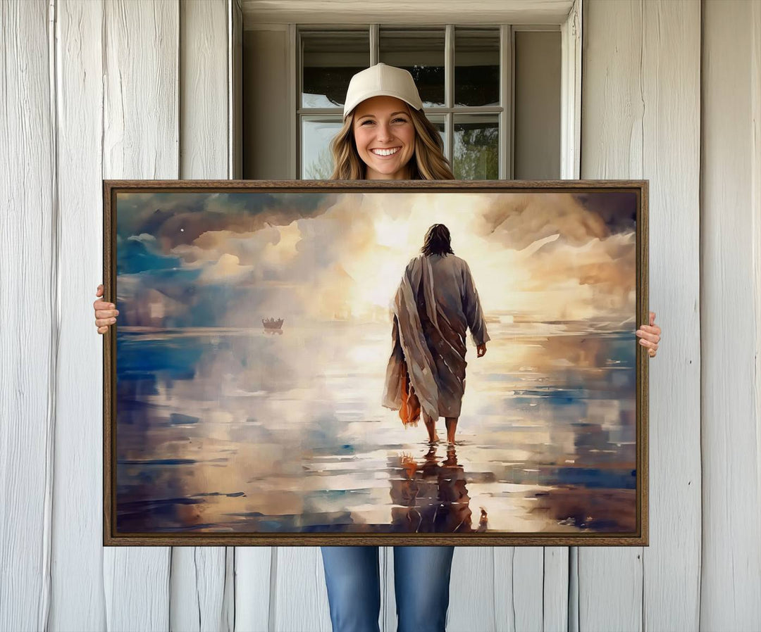 The wall art depicts a robed figure walking on water towards a boat, framed by a stunning sunset. This is showcased in the Jesus Walking on Water Triptych Canvas Print.