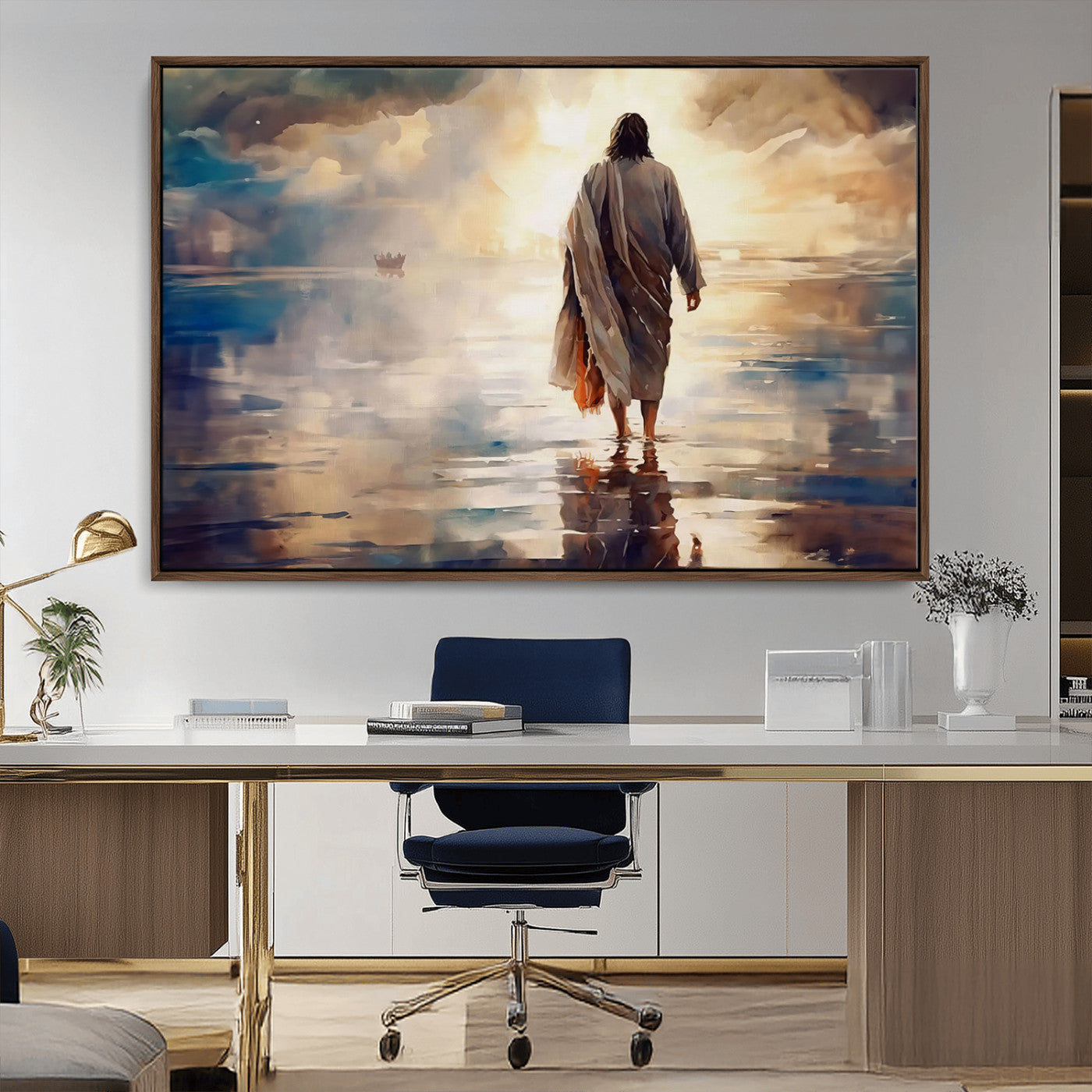 MGV-FC-36X24 - Jesus Walking on Water Wall Art | Ready to Hang Spiritual Triptych Canvas Print | Inspirational