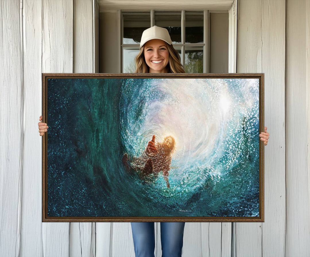 A swimmer heads towards light in an ethereal vortex on the Powerful Jesus Canvas Print - Hand of Salvation, Inspirational Wall Art.