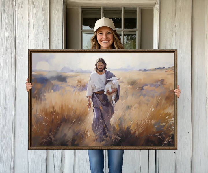 A canvas art piece depicts a bearded man carrying a lamb in a field, reminiscent of Jesus the Good Shepherd, ideal for prayer room decor.