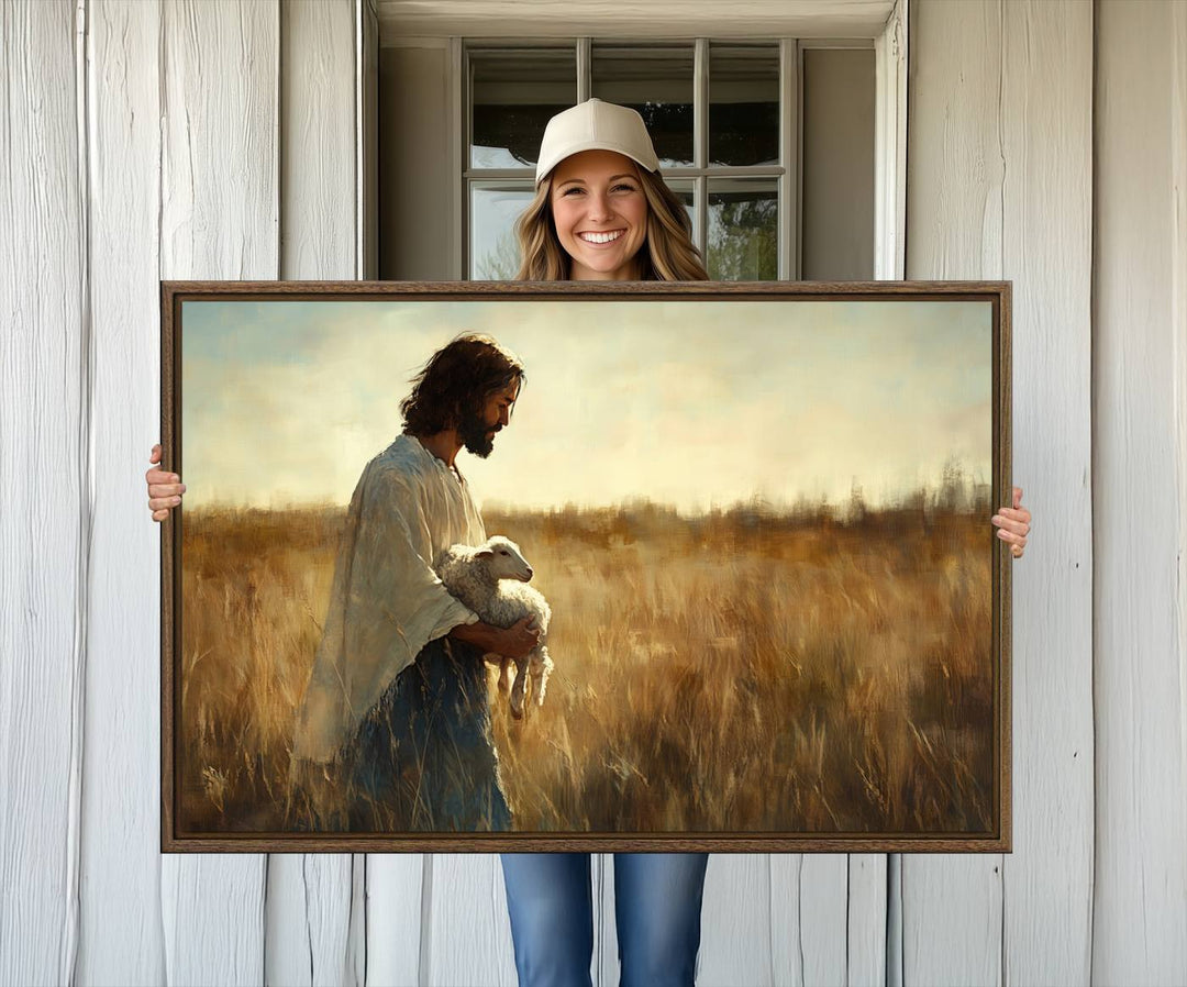 The Jesus the Good Shepherd wall art print depicts Jesus gently holding a lamb under a clear sky.