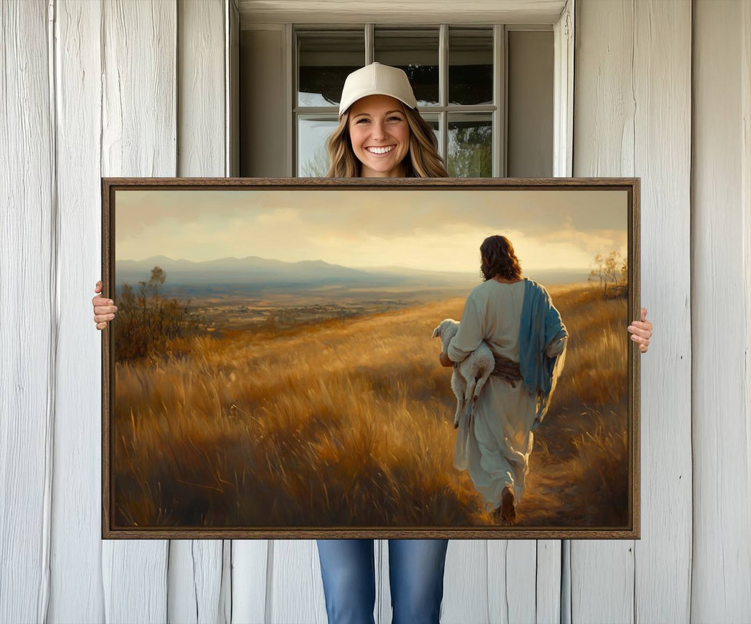 The wall art, titled Jesus the Good Shepherd, depicts a golden field at sunset.