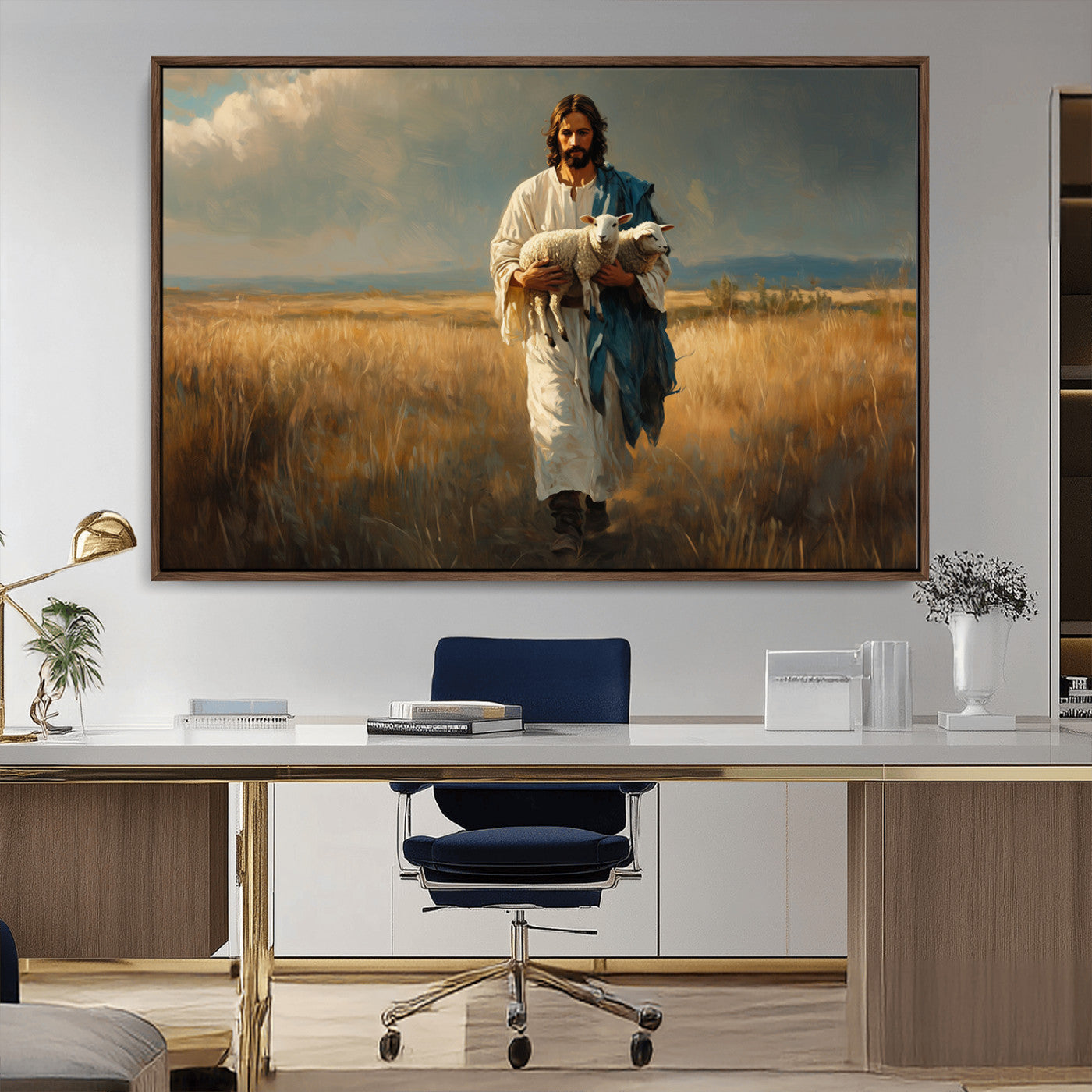 MGV-FC-36X24 - Jesus Shepherd Wall Art | Ready to Hang Triptych Canvas of Jesus Holding a Lamb in a Field |